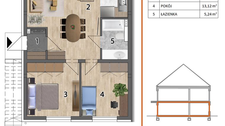 Rzut - Mieszkanie na sprzedaż 3 pokoje o powierzchni 72,56 m² - numer 6LD w Osiedle Przyjazne etap V