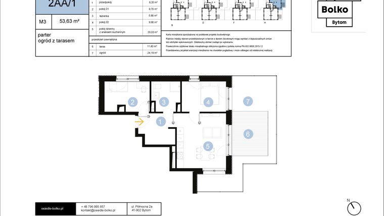 Rzut - Mieszkanie na sprzedaż 3 pokoje o powierzchni 53,63 m² - numer 2AA/1 w Osiedle Bolko etap II