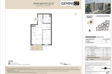 Rzut - Mieszkanie na sprzedaż 1 pokój o powierzchni 38,82 m² - numer B4/6/113 w GEMINI G-7