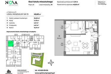 Rzut - Mieszkanie na sprzedaż 2 pokoje o powierzchni 45,6 m² - numer 19 w Nova Radiostacja
