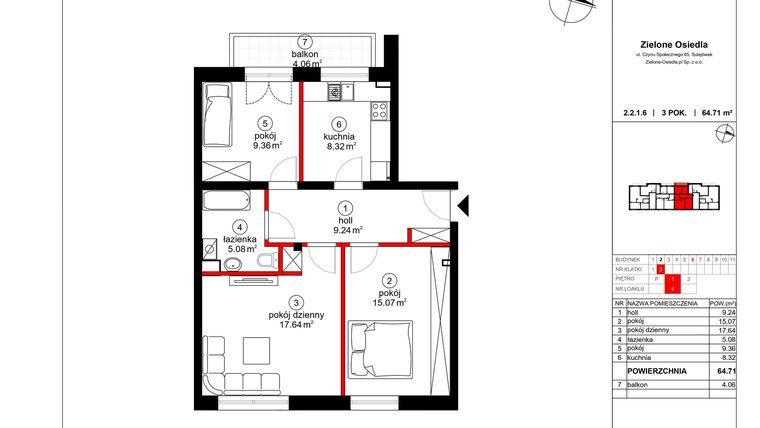 Rzut - Mieszkanie na sprzedaż 3 pokoje o powierzchni 63,59 m² - numer 6 w Czynu Społecznego 65E
