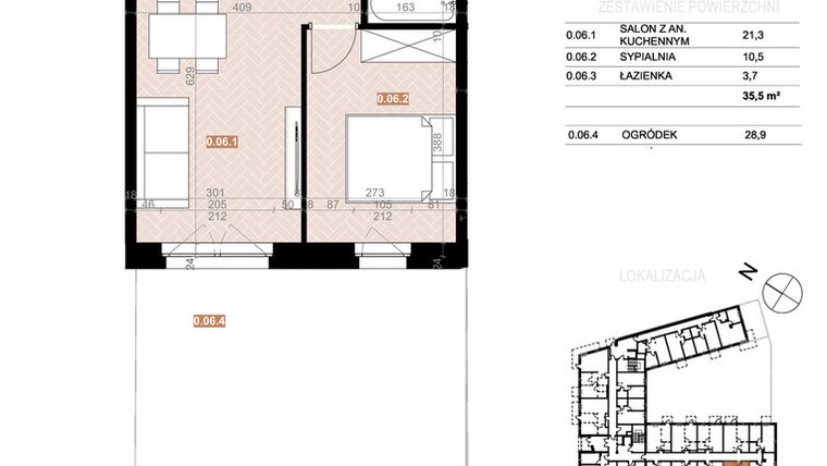 Rzut - Mieszkanie na sprzedaż 2 pokoje o powierzchni 35,5 m² - numer 06 w Szczecińska 20