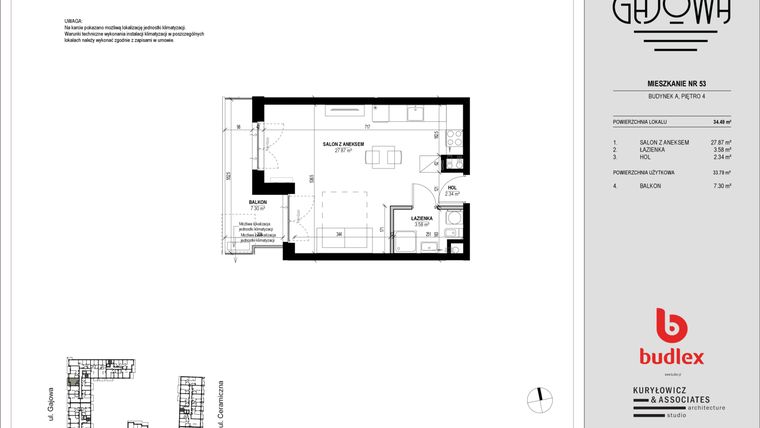 Rzut - Mieszkanie na sprzedaż 1 pokój o powierzchni 34,57 m² - numer 53 w Gajowa bud. A