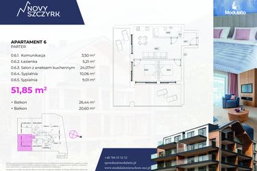 Rzut - Mieszkanie na sprzedaż 3 pokoje o powierzchni 51,85 m² - numer 6 w Novy Szczyrk