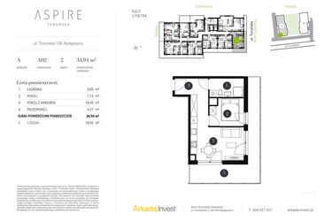Rzut - Mieszkanie na sprzedaż 2 pokoje o powierzchni 34,94 m² - numer A.2 w Aspire