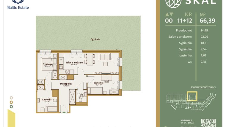 Rzut - Mieszkanie na sprzedaż 1 pokój o powierzchni 66,39 m² - numer M.11+12 w Skal