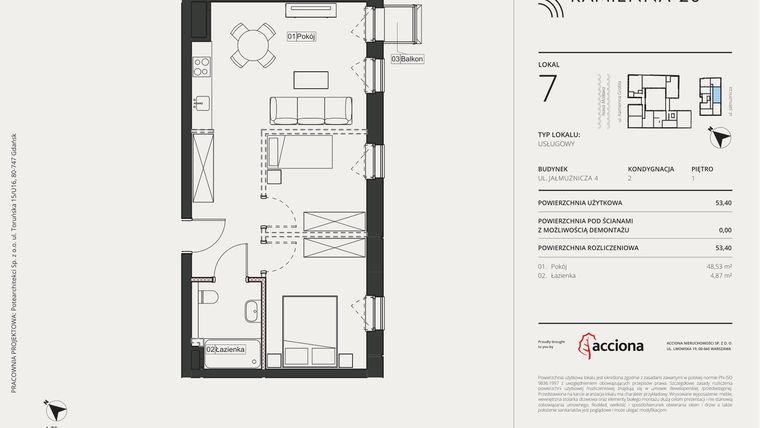 Rzut - Mieszkanie na sprzedaż 1 pokój o powierzchni 53,4 m² - numer 4.7 w Kamienna 28 - apartamenty inwestycyjne