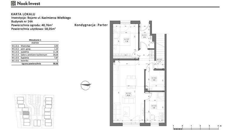Rzut - Mieszkanie na sprzedaż 3 pokoje o powierzchni 58,05 m² - numer 14A w Bojano, ul. Kazimierza Wielkiego