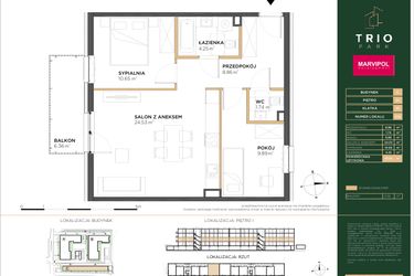 Rzut - Mieszkanie na sprzedaż 3 pokoje o powierzchni 59,92 m² - numer C016 w Trio Park bud. C