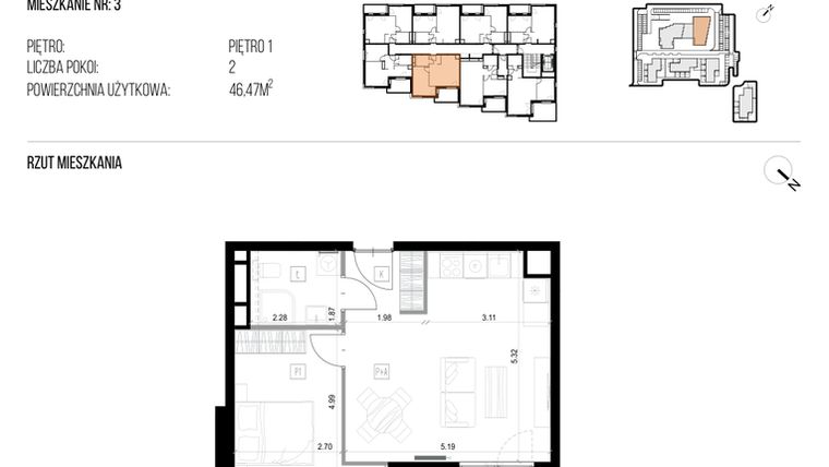 Rzut - Mieszkanie na sprzedaż 2 pokoje o powierzchni 46,47 m² - numer 22K/03 w NATURAMA II