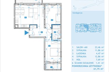 Rzut - Mieszkanie na sprzedaż 3 pokoje o powierzchni 61,75 m² - numer E33 w Osiedle Botaników etap E
