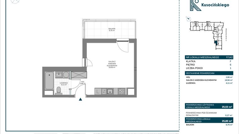 Rzut - Mieszkanie na sprzedaż 1 pokój o powierzchni 25,8 m² - numer F/142 w Kusocińskiego - Budynek B