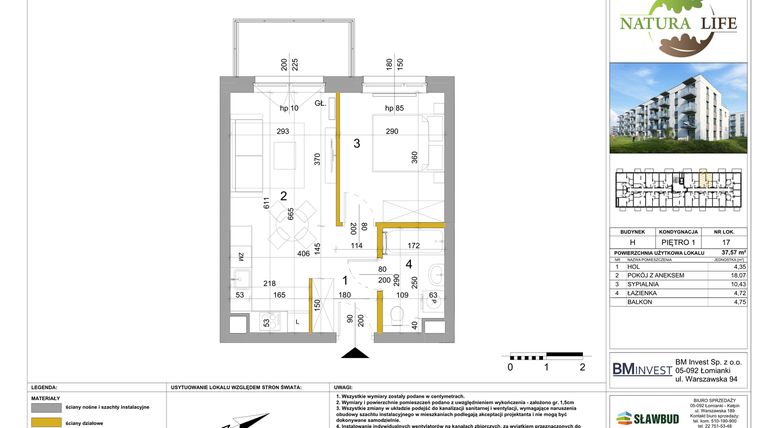 Rzut - Mieszkanie na sprzedaż 2 pokoje o powierzchni 37,42 m² - numer H.17 w Osiedle Natura Life budynki GHI