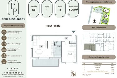 Rzut - Mieszkanie na sprzedaż 2 pokoje o powierzchni 51,72 m² - numer B3.1_3 w Perła Północy etap 2