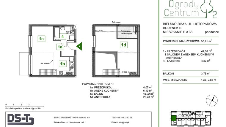 Rzut - Mieszkanie na sprzedaż 1 pokój o powierzchni 53,91 m² - numer B.3.38 w Ogrody Centrum 2
