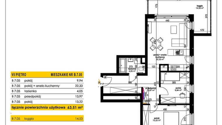 Rzut - Mieszkanie na sprzedaż 3 pokoje o powierzchni 63,51 m² - numer B 7.05 w Park Moniuszki II C