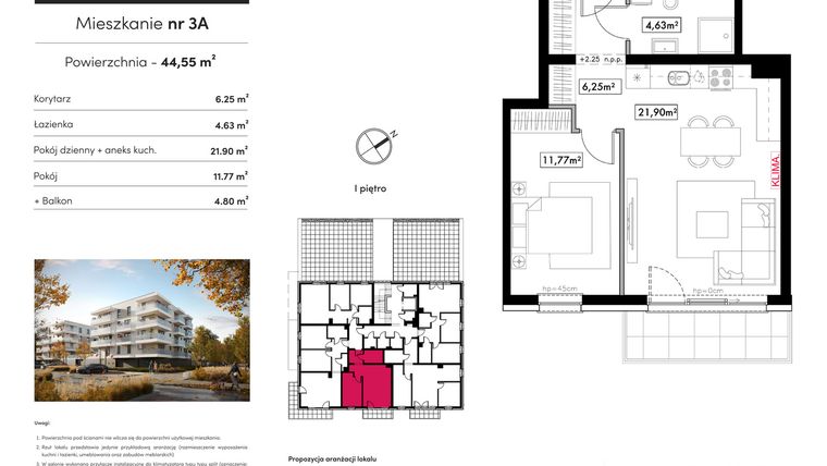 Rzut - Mieszkanie na sprzedaż 2 pokoje o powierzchni 44,55 m² - numer B10.M3A w Novum Rumia