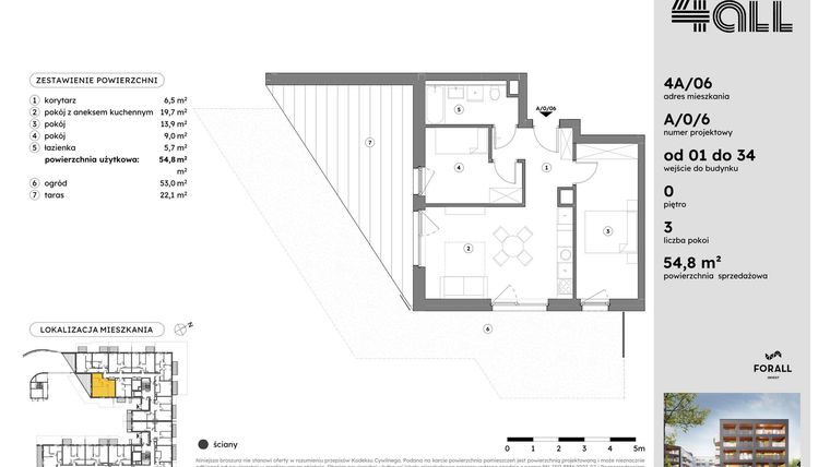 Rzut - Mieszkanie na sprzedaż 3 pokoje o powierzchni 54,77 m² - numer A/0/6 w Osiedle Mateckiego 4ALL