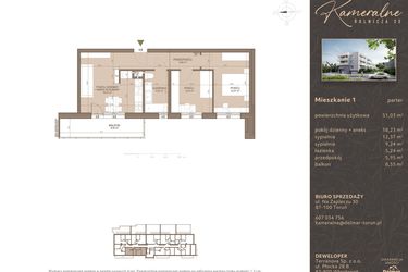 Rzut - Mieszkanie na sprzedaż 3 pokoje o powierzchni 51,03 m² - numer M-1 w Kameralne