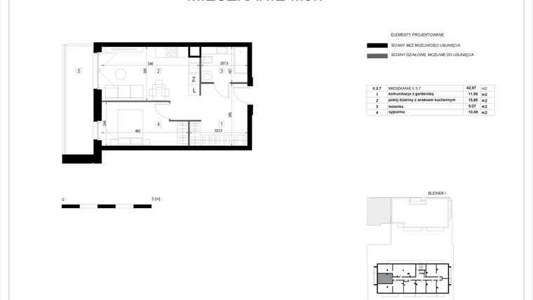 Rzut - Mieszkanie na sprzedaż 2 pokoje o powierzchni 42,98 m² - numer II.3.7 w Pryncypalna 66