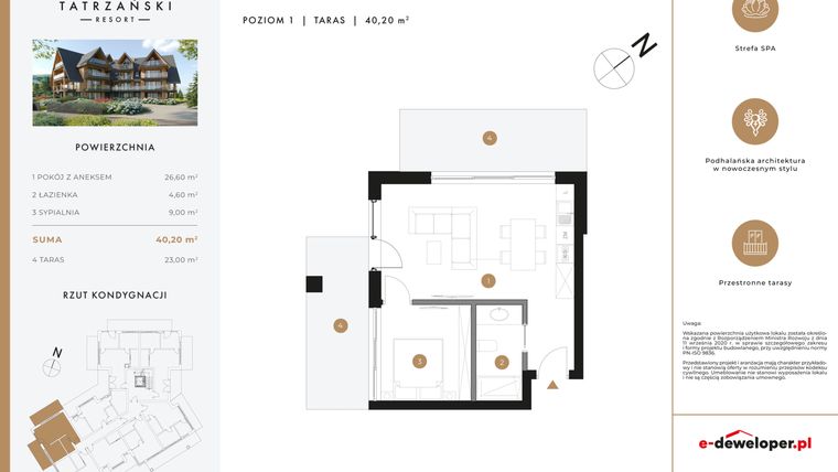 Rzut - Mieszkanie na sprzedaż 2 pokoje o powierzchni 40,2 m² - numer A15 w Tatrzański Resort
