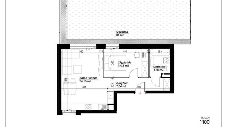 Rzut - Mieszkanie na sprzedaż 2 pokoje o powierzchni 46,74 m² - numer D.1 w Narcyzowe Wzgórza II