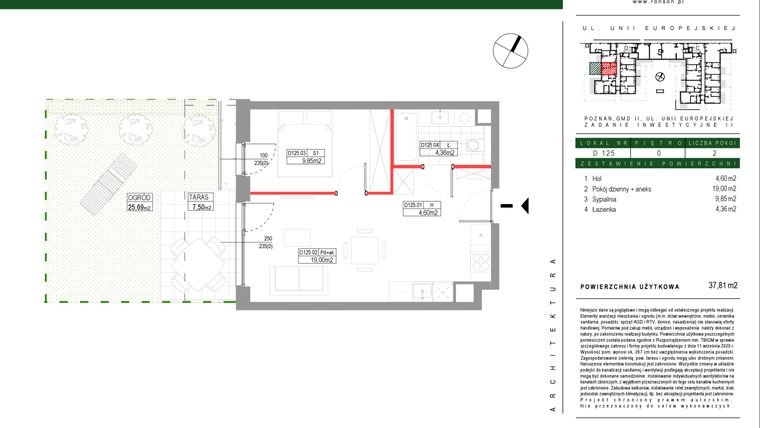 Rzut - Mieszkanie na sprzedaż 2 pokoje o powierzchni 37,81 m² - numer D125 w Grunwald Między Drzewami etap III