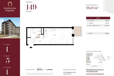 Rzut - Mieszkanie na sprzedaż 1 pokój o powierzchni 26,12 m² - numer 1.M149 w Krakowska Rogatka