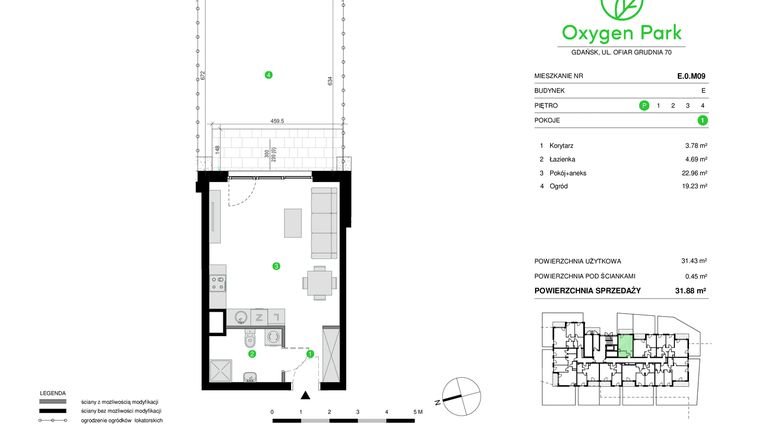 Rzut - Mieszkanie na sprzedaż 1 pokój o powierzchni 31,88 m² - numer E.0.M09 w Oxygen Park etap III