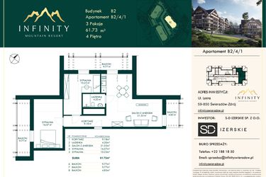 Rzut - Mieszkanie na sprzedaż 3 pokoje o powierzchni 61,73 m² - numer B2.4.1 w Infinity Mountain Resort
