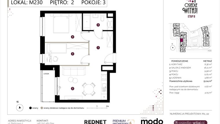 Rzut - Mieszkanie na sprzedaż 3 pokoje o powierzchni 51,91 m² - numer M230 w Osiedle Witaj etap II