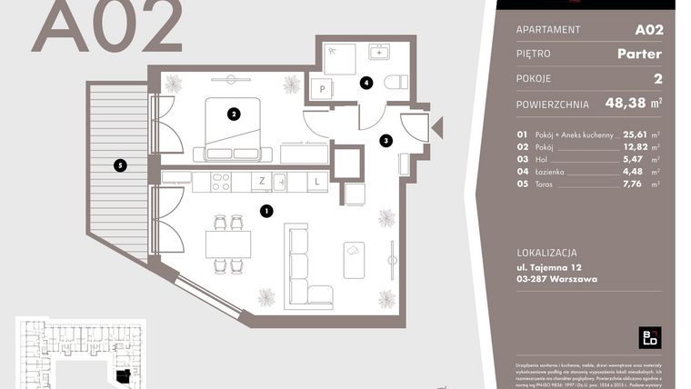 Rzut - Mieszkanie na sprzedaż 2 pokoje o powierzchni 48,38 m² - numer A02 w Livo