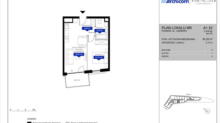Rzut - Mieszkanie na sprzedaż 2 pokoje o powierzchni 39,29 m² - numer A1.52 w Apartamenty Esencja II