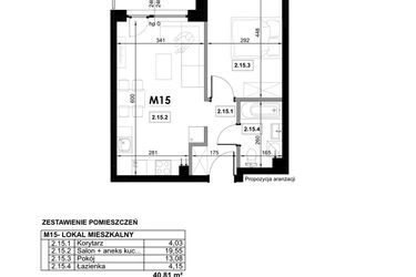 Rzut - Mieszkanie na sprzedaż 2 pokoje o powierzchni 40,81 m² - numer M15 w Miejska Premium II