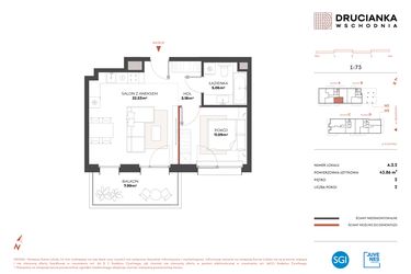 Rzut - Mieszkanie na sprzedaż 2 pokoje o powierzchni 43,86 m² - numer A.2.2 w Drucianka Wschodnia