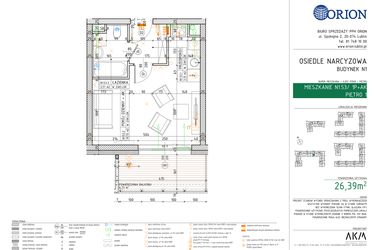 Rzut - Mieszkanie na sprzedaż 1 pokój o powierzchni 26,39 m² - numer N1.53 w Osiedle Narcyzowe etap 2