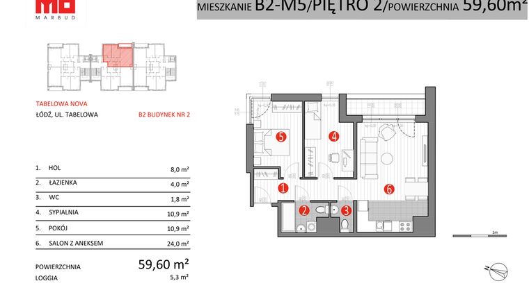 Rzut - Mieszkanie na sprzedaż 3 pokoje o powierzchni 59,6 m² - numer B2-M5 w Tabelowa NOVA