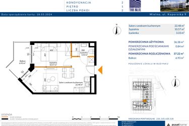 Rzut - Mieszkanie na sprzedaż 2 pokoje o powierzchni 37,22 m² - numer 1.05 w The Blue