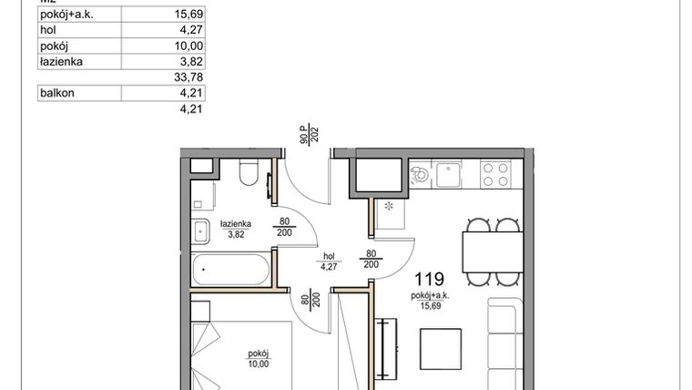 Rzut - Mieszkanie na sprzedaż 2 pokoje o powierzchni 33,78 m² - numer 119 w Rezydencja Liwska 3
