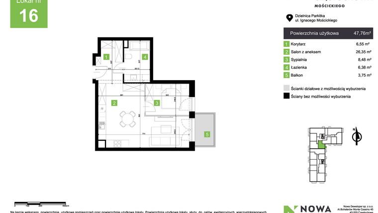 Rzut - Mieszkanie na sprzedaż 2 pokoje o powierzchni 47,76 m² - numer M16 w Nowa Częstochowa Mościckiego