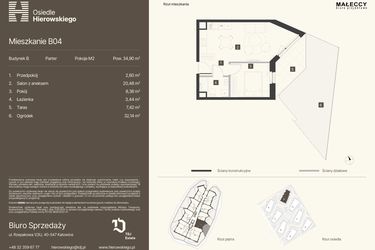 Rzut - Mieszkanie na sprzedaż 2 pokoje o powierzchni 34,9 m² - numer B04 w Osiedle Hierowskiego