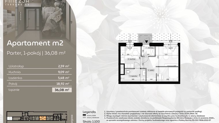 Rzut - Mieszkanie na sprzedaż 1 pokój o powierzchni 36,08 m² - numer M2 w Finezja Targowa 49