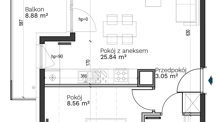Rzut - Mieszkanie na sprzedaż 2 pokoje o powierzchni 41,86 m² - numer A-27 w Destino