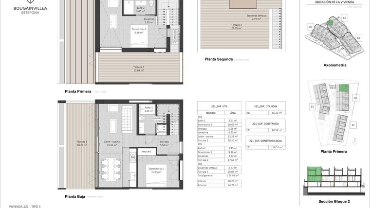 Rzut - Mieszkanie na sprzedaż 2 pokoje o powierzchni 60 m² - numer 221 w Bougainvillea - Estepona