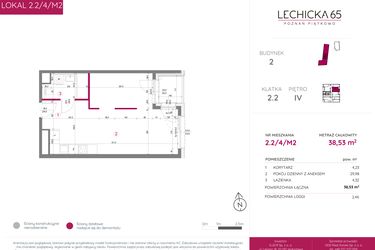 Rzut - Mieszkanie na sprzedaż 2 pokoje o powierzchni 38,53 m² - numer 2.2/4/M2 w Lechicka 65
