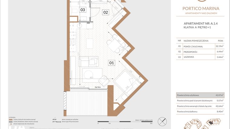 Rzut - Mieszkanie na sprzedaż 2 pokoje o powierzchni 45,22 m² - numer A.1.4 w Portico Marina