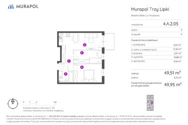 Rzut - Mieszkanie na sprzedaż 2 pokoje o powierzchni 49,95 m² - numer 4.A.2.05 w Murapol Trzy Lipki