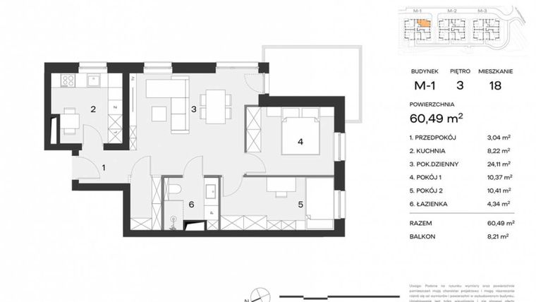 Rzut - Mieszkanie na sprzedaż 3 pokoje o powierzchni 60,49 m² - numer M18 w Nowy Standard