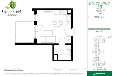 Rzut - Mieszkanie na sprzedaż 1 pokój o powierzchni 23,25 m² - numer 58B w Lipowa 49A - Apartamenty inwestycyjne