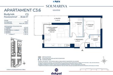 Rzut - Mieszkanie na sprzedaż 3 pokoje o powierzchni 50,66 m² - numer C3.6 w Sol Marina etap III